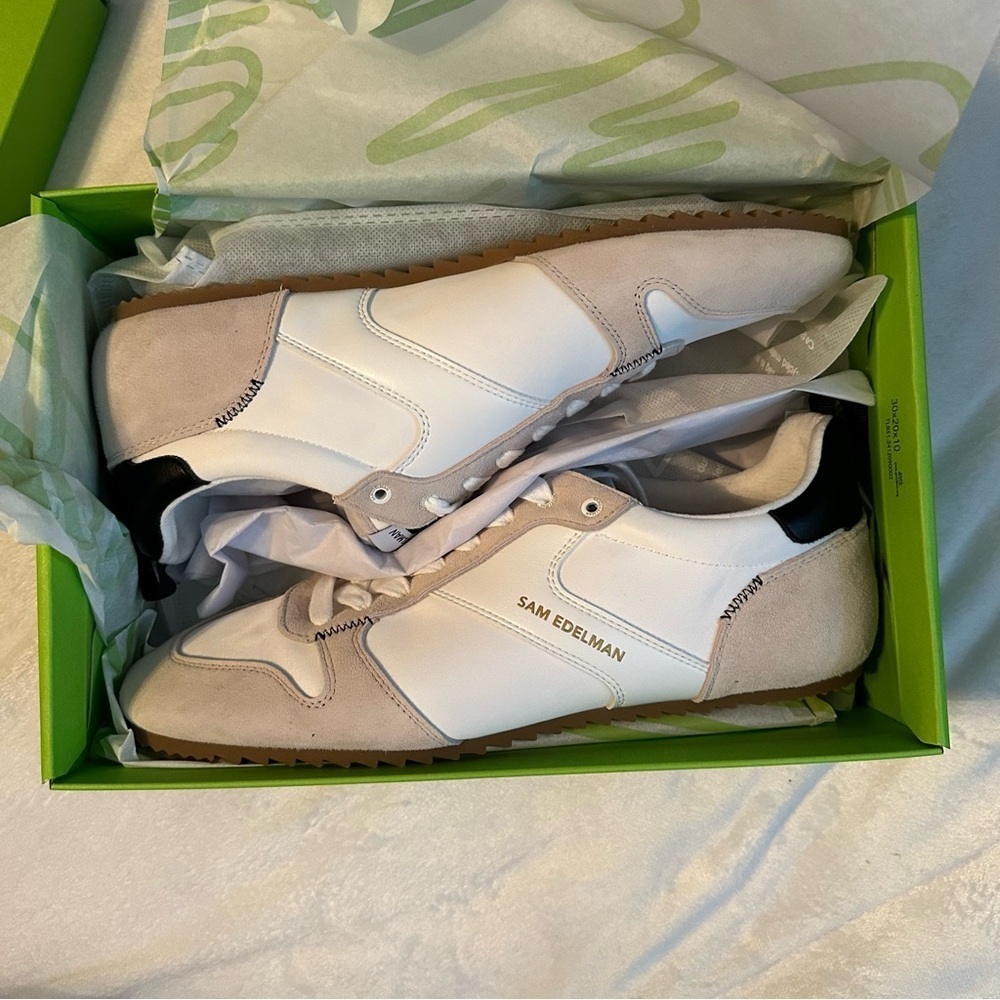 Sam Edelman Zaria Sneakers Women’s 9.5 White Black Suede NIB tan shoes NEW - Picture 2 of 6